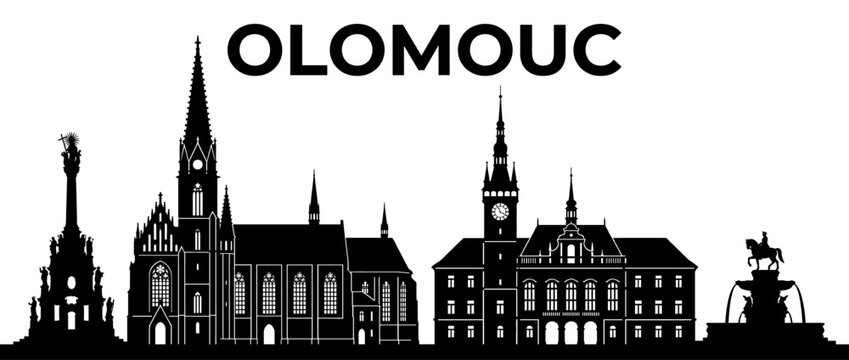 Olomouc Czech Republic City Skyline Silhouette Vector, Holy Trinity Column and Saint Wenceslas Cathedral Landmarks, Minimalist Black and White Design