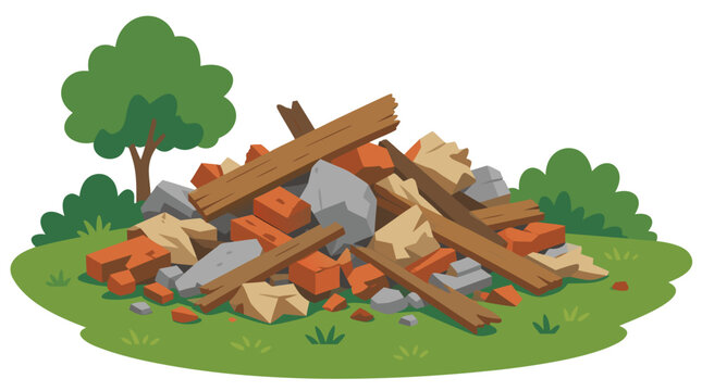 Pile of broken orange bricks weathered wooden planks and crumpled debris dumped on green grass in city park flat color vector illustration construction waste rubble - detailed commercial stock