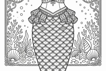 Obraz premium Mermaid tail coloring page for kids and adults with underwater ocean scenery.