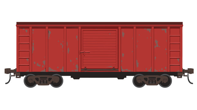 Vintage Red Freight Train Boxcar with Weathered Panels and Metal Coupling Simple Flat Color Blocks Vector Illustration on Clean Solid White Background - professional detailed commercial stock