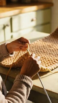 Vertical video: Starting row, hands inserting needles looping mustard yarn in kitchen, copy space