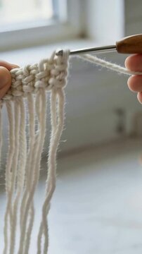 Vertical video: Inserting hook, hands pulling cream cord through loops, securing fringe near window