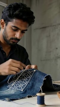 Vertical video: Holding white-threaded needle, man in shirt mending denim patch in shop, blue spool