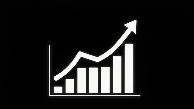 White bar chart graphic with upward trending arrow on black background representing financial growth