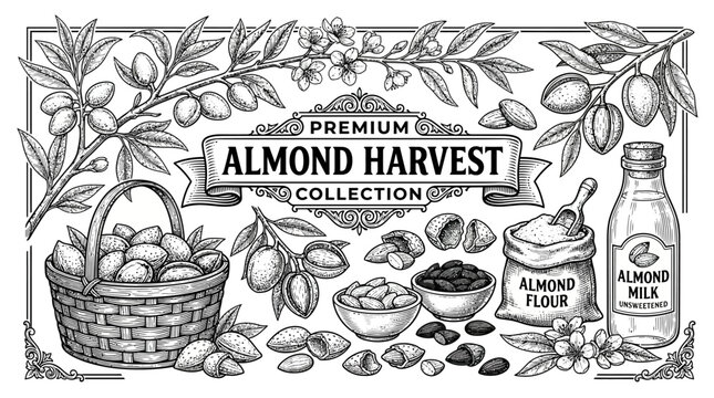 Very beautiful black and white realistic vector collection of PREMIUM ALMOND featuring separate almond tree, narrow leaves, delicate blossoms, green almonds, mature shells, cracked shell, kernels, roa