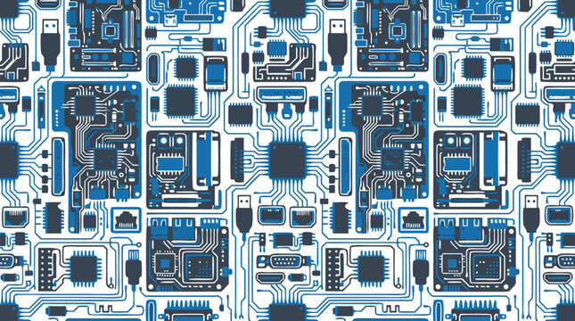 Seamless flat vector pattern of computer circuit boards, microchips, USB and VGA connection ports, electronic components in blue and white tones - technology background illustration