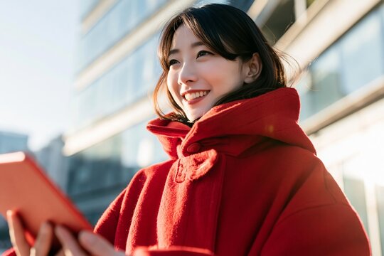 Smiling young woman in bright red winter coat holding a tablet outdoors in the city daylight