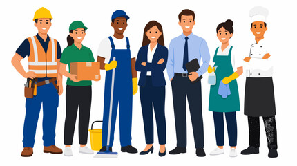 Obraz premium Diverse group of employees in different uniforms construction worker delivery person cleaner office worker chef illustration - professional high resolution commercial detailed commercial stock