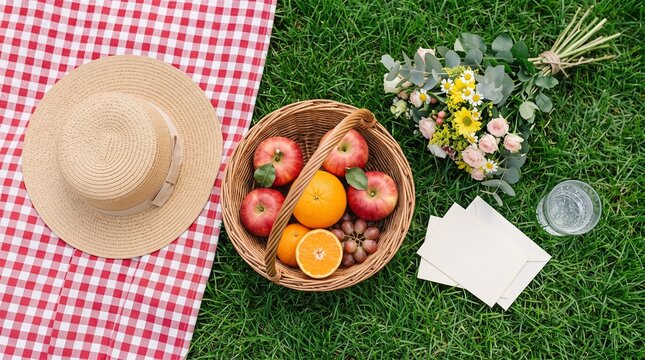 Summer picnic arrangement featuring straw hat wicker basket of fresh fruit and bouquet of flowers on checkered red and white blanket for weekend outdoor leisure.