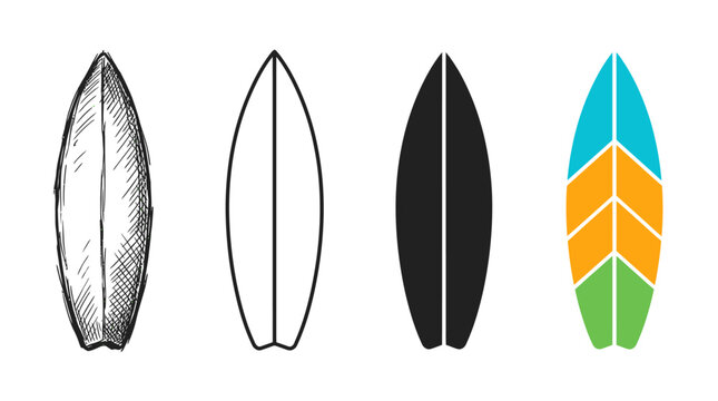 Set of four different surfboard designs including sketch outline solid black and colorful graphic vector illustrations