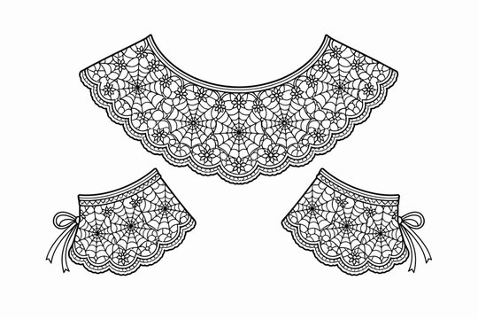 Gothic lace collar and cuffs set with spider web pattern outline.