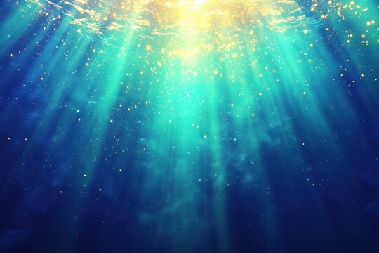 Underwater sunlight rays beaming through deep blue water with bokeh particles.