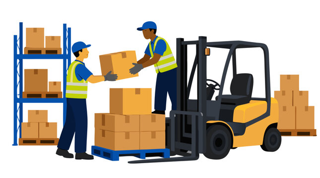 Two warehouse workers in high visibility vests loading cardboard boxes onto a yellow forklift inside a busy distribution center with shelving and stacked pallets bold flat color vector illustration