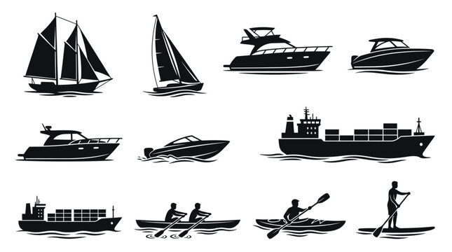 Set of black silhouette icons of different boats ships yachts canoes and kayaks for nautical and water sport design