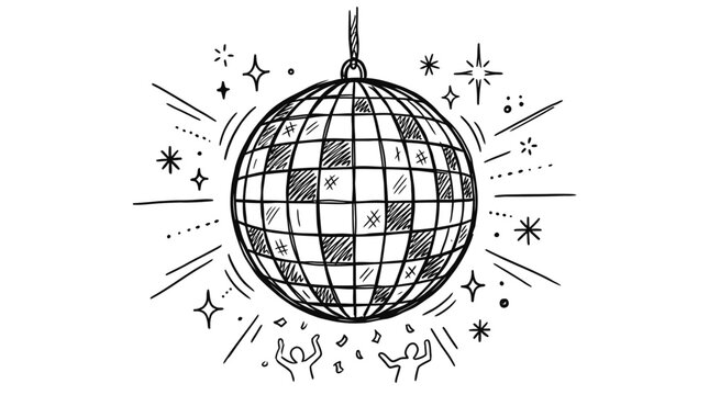Hand drawn sketch of a shiny disco ball hanging with stars and people dancing at a party for a fun celebration