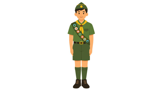 Young Boy Scout Character in Green Uniform with Yellow Neckerchief and Merit Badge Sash Standing at Attention, Flat Design Vector Illustration for Children Education and Youth Programs