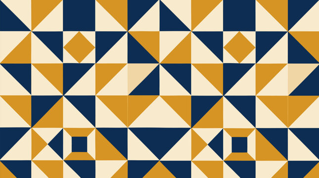 Seamless geometric pattern featuring triangles and squares in warm mustard yellow, deep navy blue and soft cream beige. Modern abstract decorative design for textiles, wallpaper, packaging and