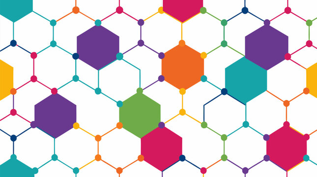 Seamless tiled geometric pattern with overlapping hexagons and connected vertex nodes in bold flat colors teal purple orange green yellow pink modern abstract network design vector illustration