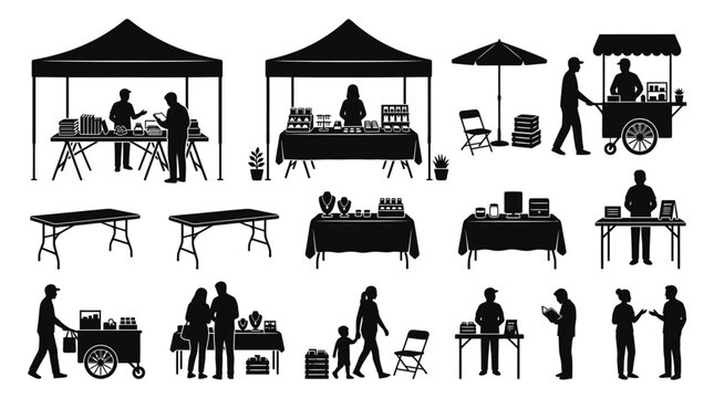 Set of market stall silhouettes with street vendors and tables for local events and outdoor trade shows