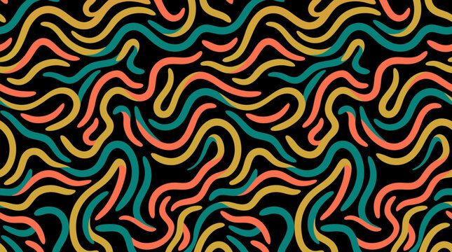 Vibrant seamless wavy abstract lines pattern featuring gold, teal and coral organic flowing curves on a solid black background, retro vector illustration for modern graphic design and decor