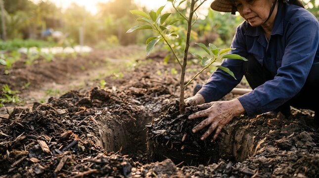 Asian farmer planting young green tree sapling into fertile soil ground on farm at golden sunset