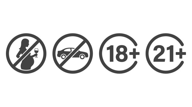Set of warning and restriction icons showing pregnancy alcohol prohibition, no driving, and age limits eighteen plus