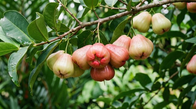 Fresh water apples hanging on green leafy branches in garden showcase natural agricultural beauty of tropical wax jambu orchard during harvesting season.
