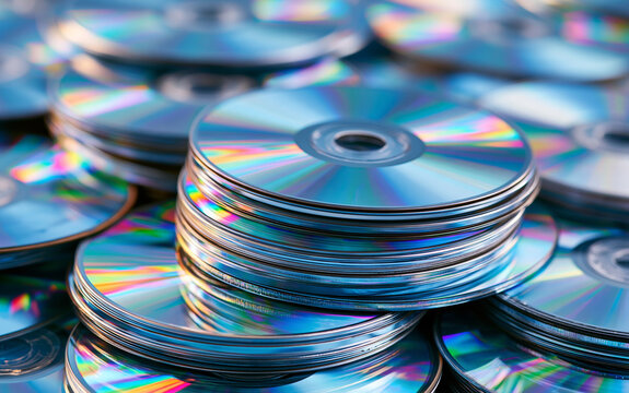 Blue compact discs pile with iridescent reflections