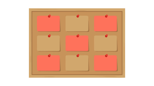 Cork Board with Blank Note Cards Pinned in Grid Pattern Flat Design Tan Coral Colors Wooden Frame Push Pins Minimalist Organization Concept Vector Illustration - detailed commercial stock imagery