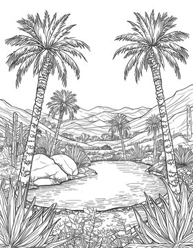 Beautiful Desert Landscape with Palm Trees, Mountains, Rocks and Desert Flowers Coloring Page