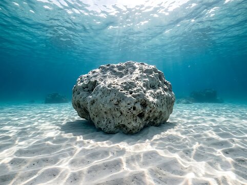 Large porous coral boulder rests on white sandy seafloor under clear tropical ocean water with sun rays filtering down for marine biology and travel background.