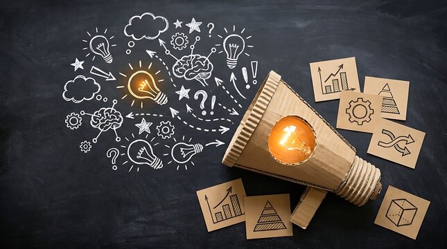 Cardboard megaphone with glowing light bulb next to marketing sketches and business charts drawn on black chalkboard to represent creative advertising ideas.
