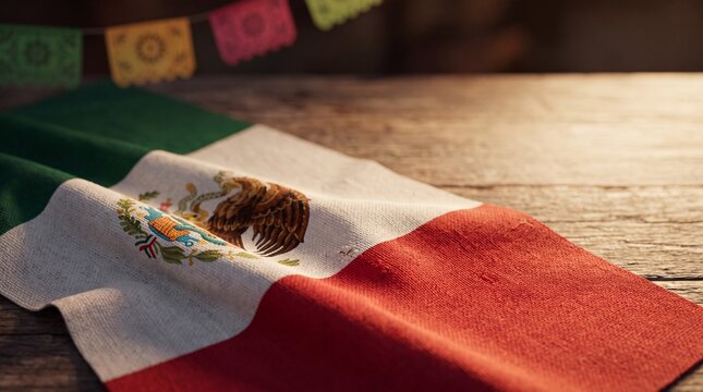 Mexican flag on wooden table with colorful festive decorations for D&iacute;a de la Independencia de M&eacute;xico holiday background with space for text