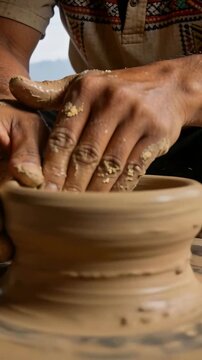 Vertical video: Shaping potter hands centering clay on wheel in studio, forming rim
