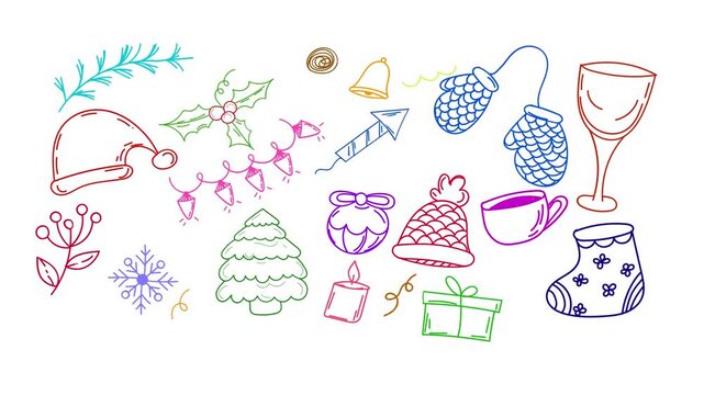 Christmas holiday doodle icons set featuring festive winter objects in colorful hand drawn motion video animation
