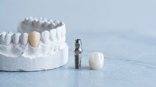 Plaster jaw model displaying modern prosthetic ceramic tooth crown beside metallic titanium dental implant screw isolated on clean light blue background surface.