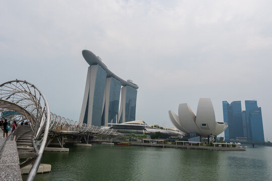 Singapore, Singapore - 07.09.2026: Marina Bay waterfront view featuring Marina Bay Sands, ArtScience Museum and Helix Bridge under cloudy sky.