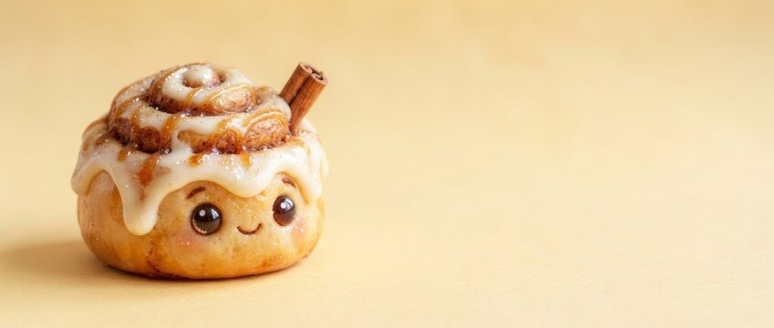 Cute cinnamon roll bun with smiling kawaii face and glaze icing on yellow background. Adorable pastry character with cinnamon