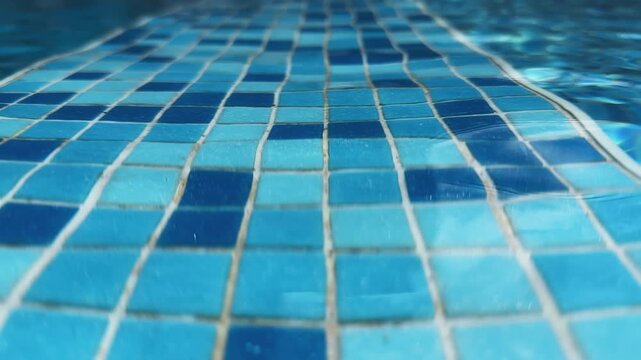 Detail of swimmin pool with  blue and white tile floor