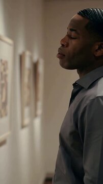 Vertical video: Pausing man studying framed art in gallery, in buttondown shirt and tie, copy space