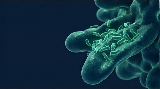 3D medical visualization of rod-shaped bacteria colonies on a microscopic cellular surface in a dark blue and teal environment