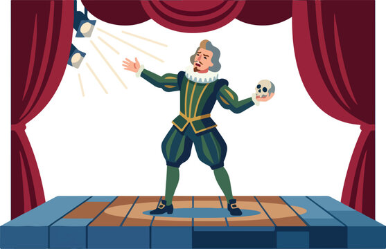 Actor performing Hamlet monologue on stage holding a human skull under spotlight with red curtains