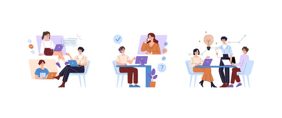 Fototapeta premium Remote Team Working and Meeting Online Vector Illustration