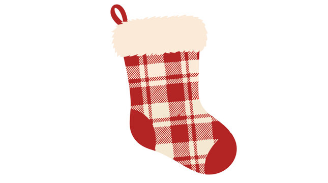 Red and cream plaid Christmas stocking with fluffy fur cuff, minimalist flat vector illustration on white background, holiday decoration, festive seasonal design, buffalo check pattern