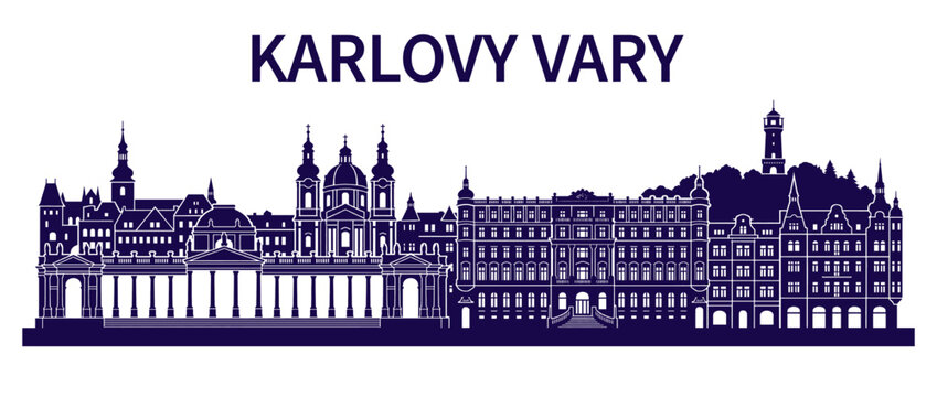 Karlovy Vary Czech Republic City Skyline Silhouette, Black and White Vector Illustration of Famous Spa Town Landmarks Isolated on White