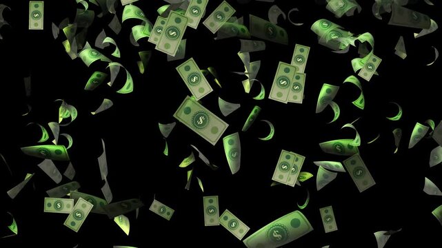 Falling dollar bills create a money rain effect for finance, wealth, abundance, business, profit, investment and financial success videos.