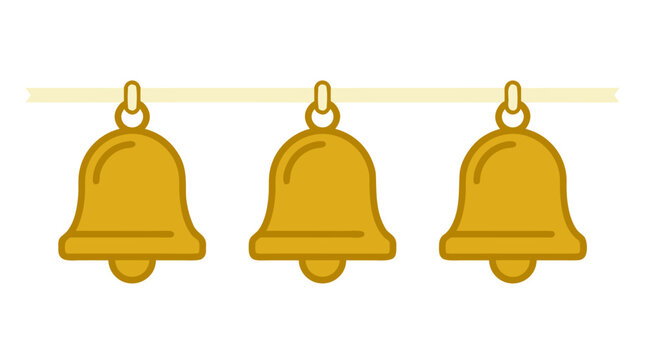 Three golden bells hanging in a row from a thin ribbon, flat vector illustration design in gold and cream colors on a clean solid white background, Christmas holiday decoration