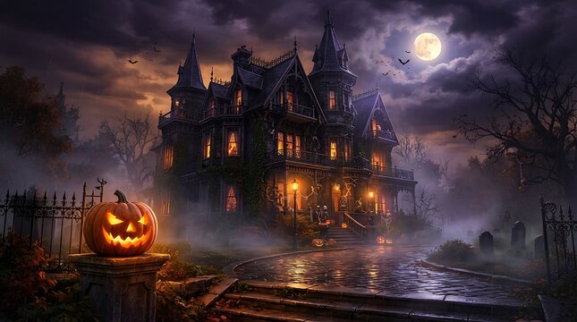 Spooky haunted mansion at night under a full moon with glowing jack-o-lantern haunted house halloween mansion gothic archi