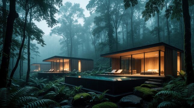 Modern luxury cabins nestled in misty forest. Minimalist wooden architecture features large glass walls, private infinity pool. Peaceful jungle resort offers secluded wellness retreat with cozy