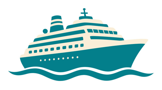 Cruise Ship Sailing on Teal Waves, Bold Flat Color Vector Illustration, Cream and Teal Ocean Liner on Clean White Background, Minimalist Maritime Travel Concept, Nautical Voyage Design